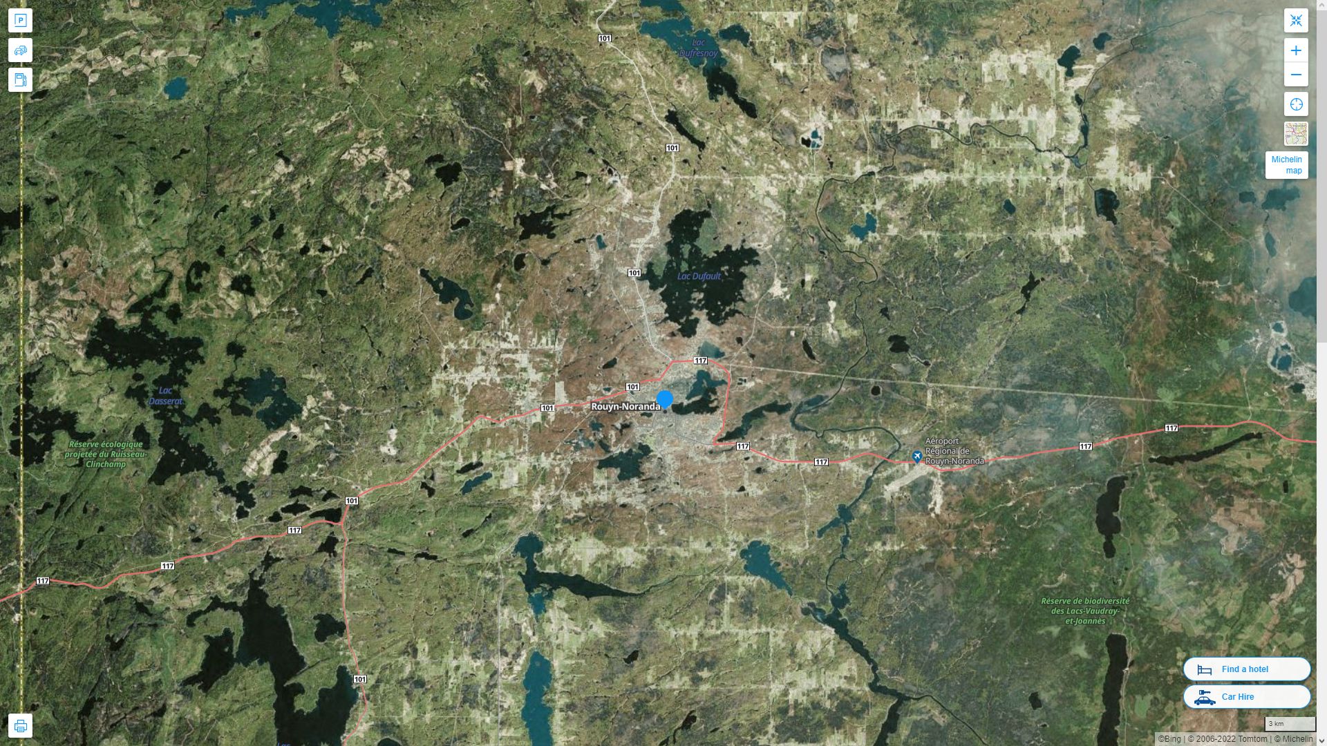 Rouyn Noranda Canada Autoroute et carte routiere avec vue satellite